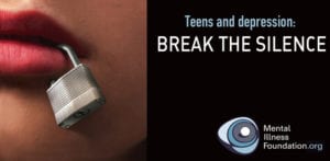 Image of mouth with padlock on it with text "Teens and Depression: Break the Silence"