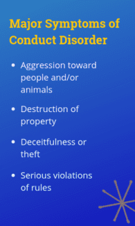 Sidebar - Aggression toward people and/or animals; Destruction of property; Deceitfulness or theft; Serious violations of rules