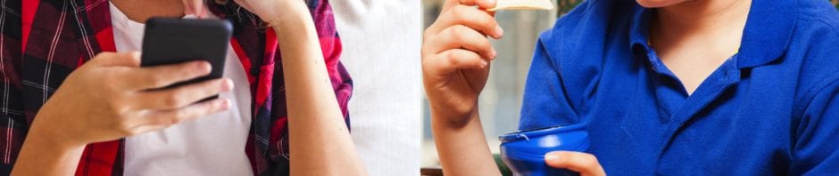 Split photo of girl using cell phone while eating big sandwich and boy holding potato chip and looking sad