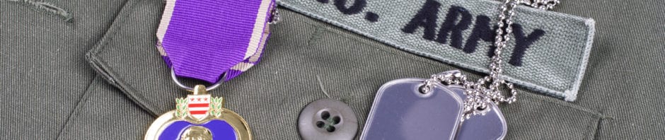 Purple Hearts - Military tags and Purple Heart award on US ARMY olive green uniform