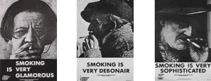 Black and white images of old smoking campaign - "smoking is very debonair"